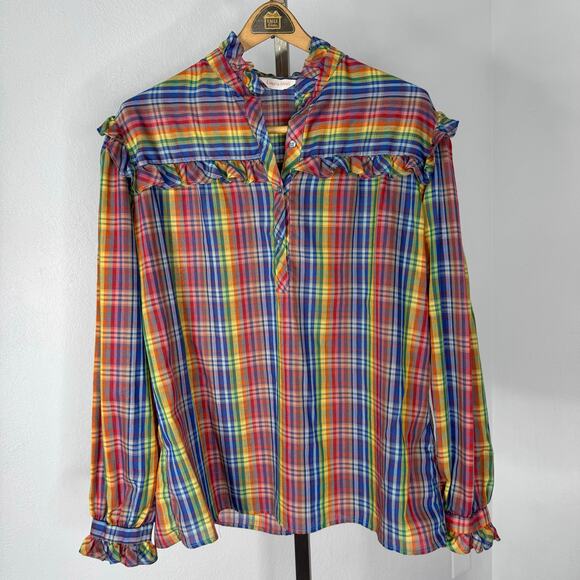 Vintage 70s 80s Ruffle Plaid Rainbow Blouse Western Praire Cottagecore Size 1X - Picture 6 of 10
